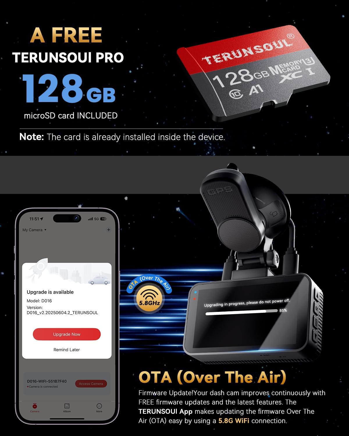 4K+4K Dash Cam Front and Rear, Free 128GB Card Included, 5.8Ghz Wifi Dash Camera for Cars, Built-In GPS, G-Sensor, 170°Wide Angle, 3" IPS Screen, 24H Parking Mode, Support 512GB Max