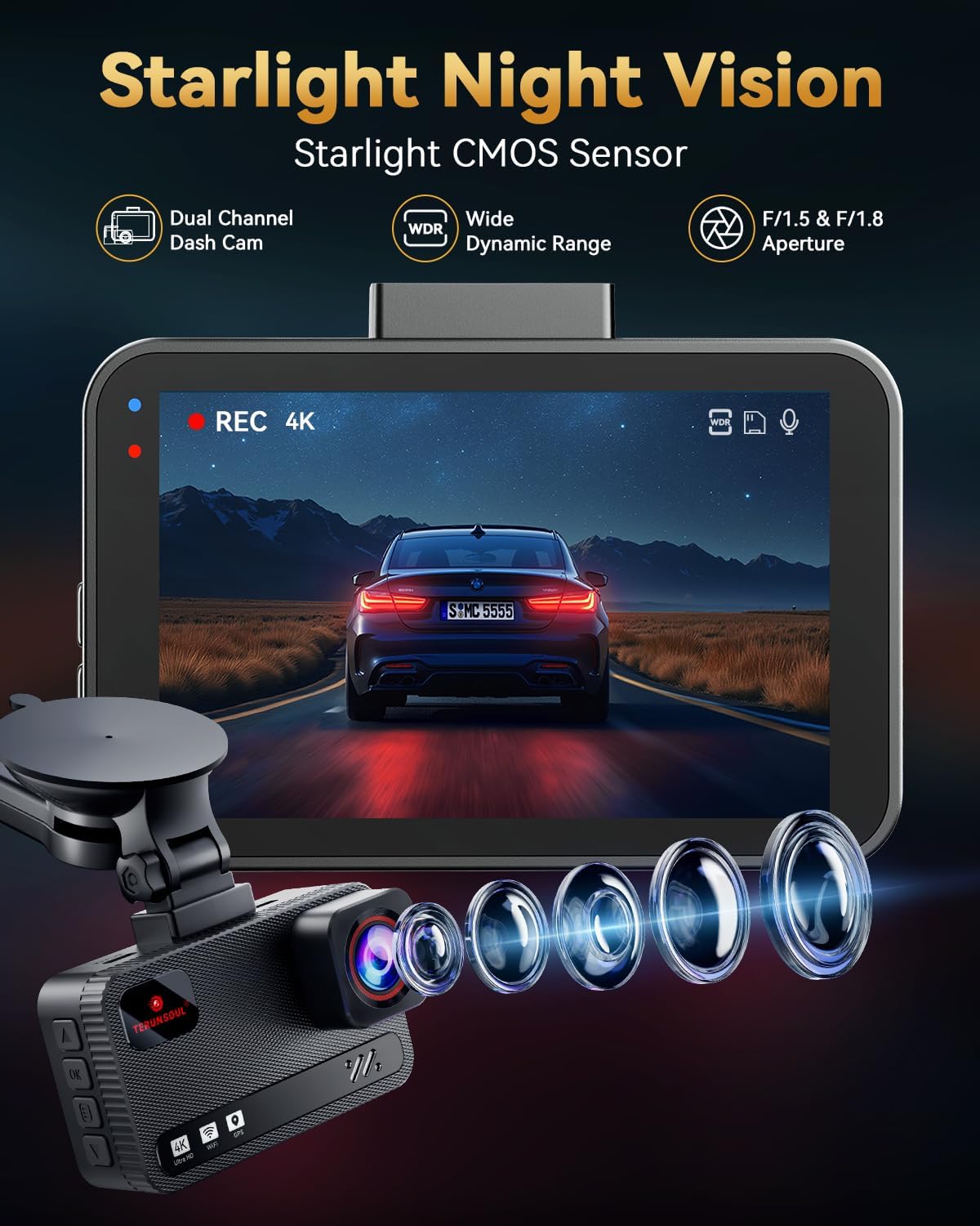 4K+4K Dash Cam Front and Rear, Free 128GB Card Included, 5.8Ghz Wifi Dash Camera for Cars, Built-In GPS, G-Sensor, 170°Wide Angle, 3" IPS Screen, 24H Parking Mode, Support 512GB Max
