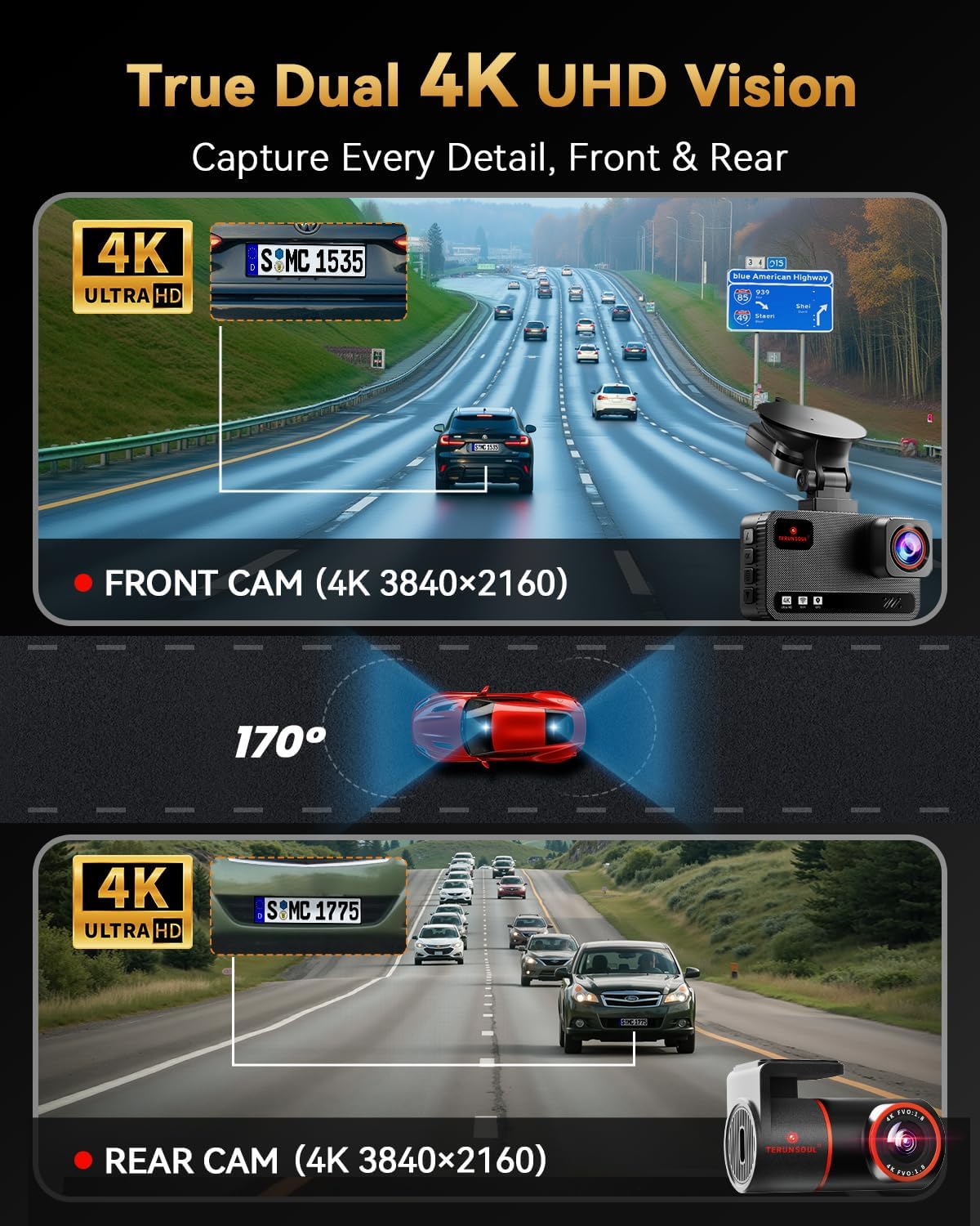 4K+4K Dash Cam Front and Rear, Free 128GB Card Included, 5.8Ghz Wifi Dash Camera for Cars, Built-In GPS, G-Sensor, 170°Wide Angle, 3" IPS Screen, 24H Parking Mode, Support 512GB Max