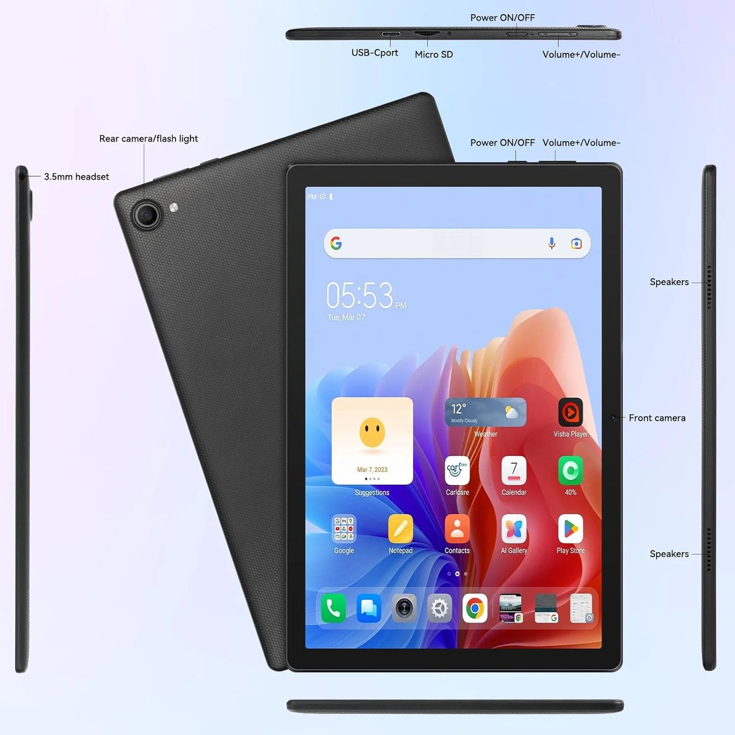 Android 14 Tablet 10.1 Inch Tablet, 8GB RAM + 64GB ROM (1TB TF), Octa-Core 2.0 Ghz, Wifi 6, Bluetooth 5.0, Widevine L1, 5MP + 8MP, 5000Mah, Black
