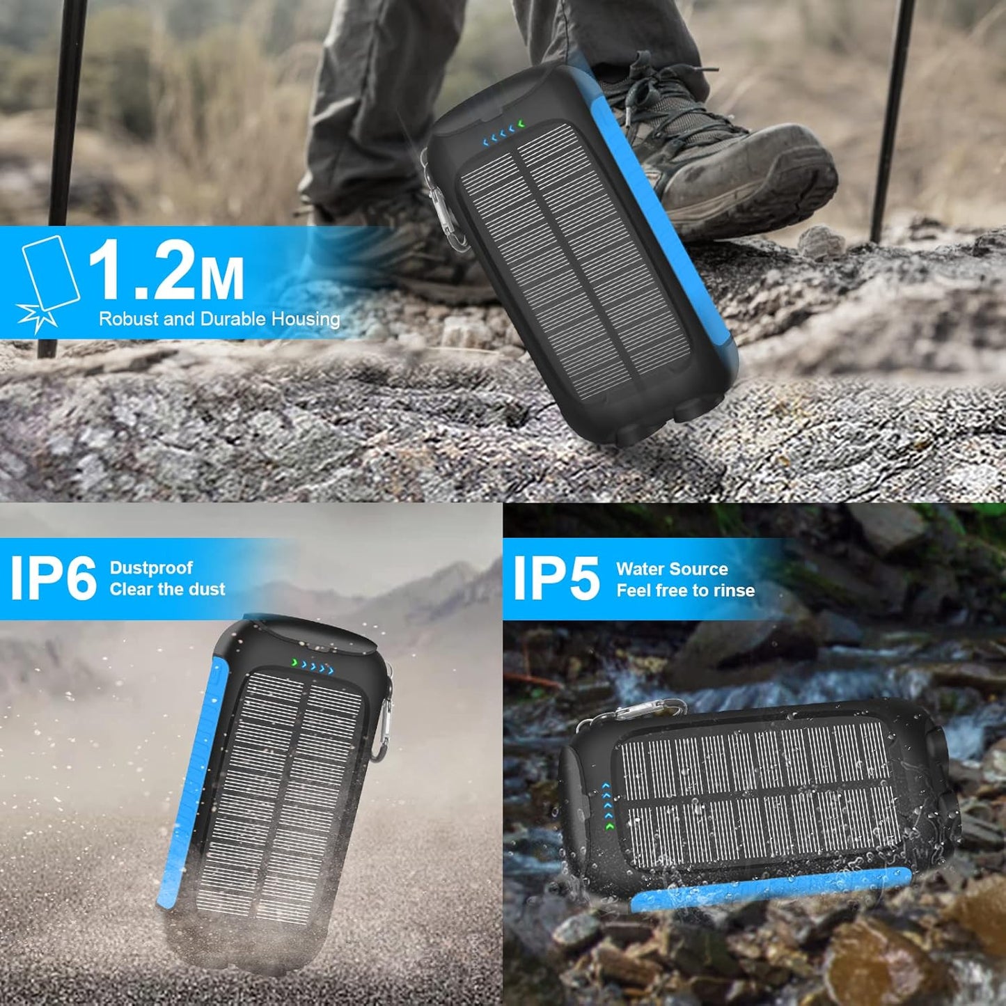 Solar Charger Power Bank, 38800Mah Portable Phone Charger with 1 Type-C & 2 USB-A Ports Built-In Dual LED Flashlight, 15W Fast Charging Waterproof Solar Panel Charger