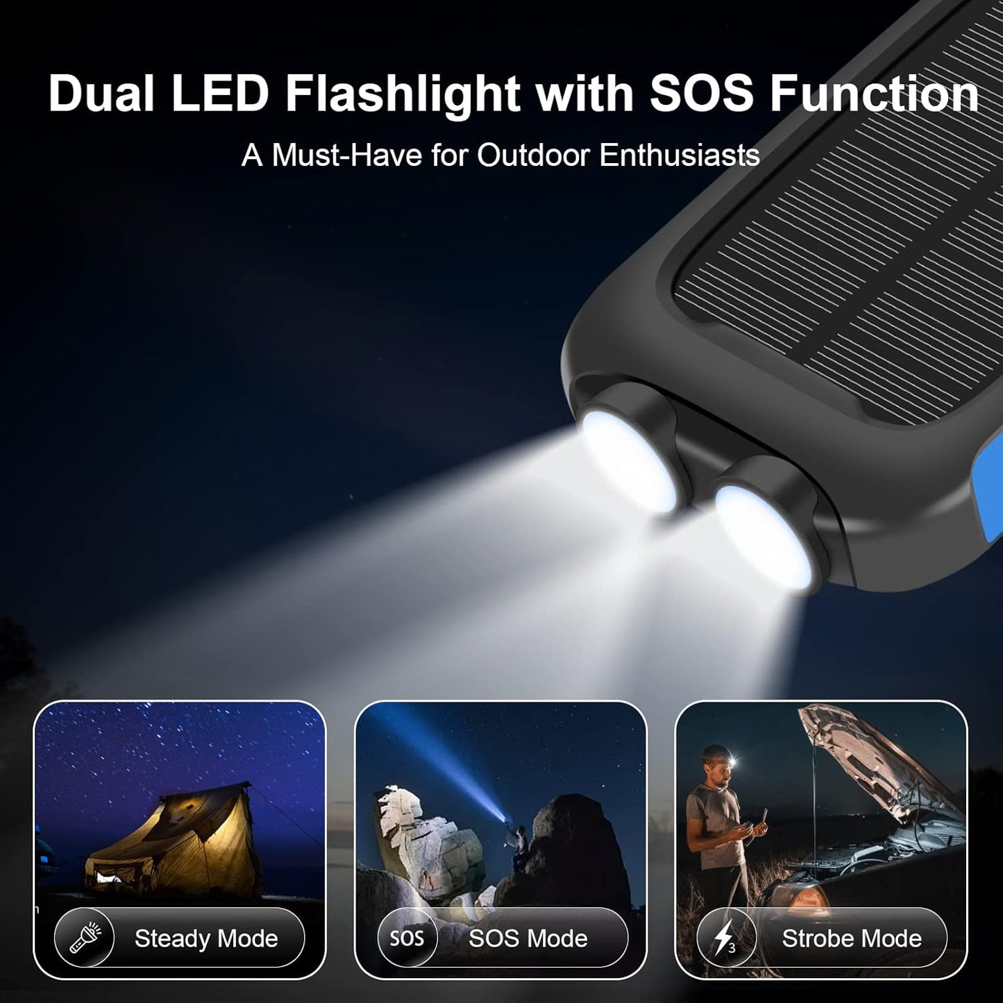 Solar Charger Power Bank, 38800Mah Portable Phone Charger with 1 Type-C & 2 USB-A Ports Built-In Dual LED Flashlight, 15W Fast Charging Waterproof Solar Panel Charger