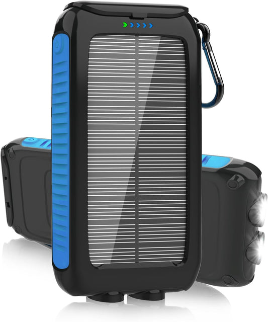 Solar Charger Power Bank, 38800Mah Portable Phone Charger with 1 Type-C & 2 USB-A Ports Built-In Dual LED Flashlight, 15W Fast Charging Waterproof Solar Panel Charger