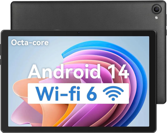 Android 14 Tablet 10.1 Inch Tablet, 8GB RAM + 64GB ROM (1TB TF), Octa-Core 2.0 Ghz, Wifi 6, Bluetooth 5.0, Widevine L1, 5MP + 8MP, 5000Mah, Black